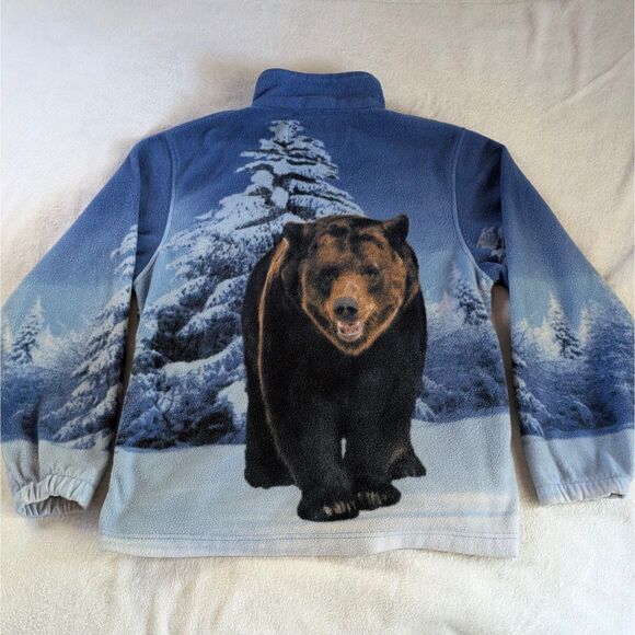 Vintage Bear Print Fleece Jacket Unisex Medium Blue Full Zip Mock Neck - Picture 3 of 7